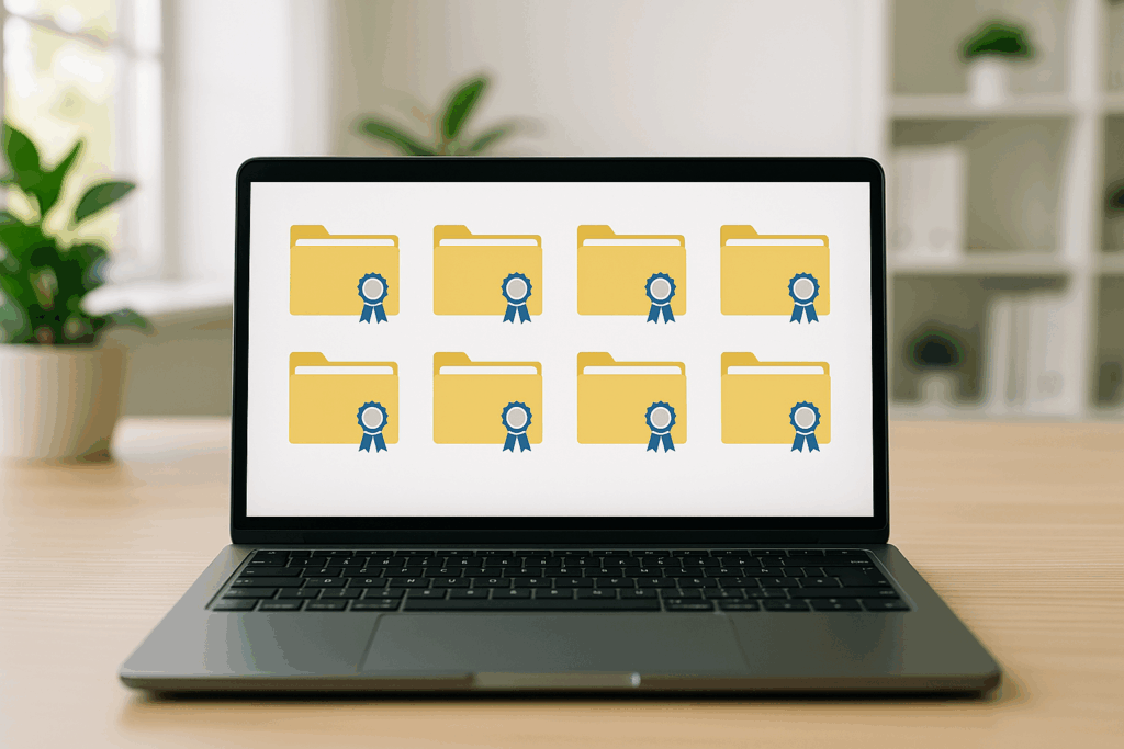 Laptopbildschirm mit Zertifikatsymbolen